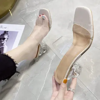 Transparentné PVC Sandále Ženy Jasné, Crystal Vysokým Podpätkom Bodce Sexy Čerpadlá Letné Topánky Típat Prst Zapatillas Mujer Casa