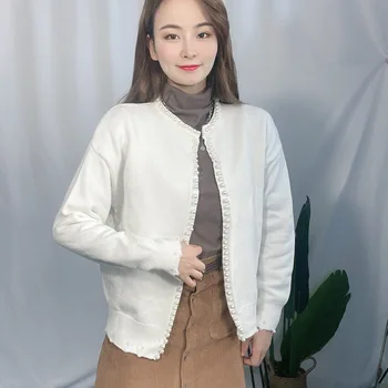 Kórejský Štýl Jar Jeseň Mladých Tenké Oblečenie Bavlnené O Krk White V Krku Sveter Tlačidlo Mikina