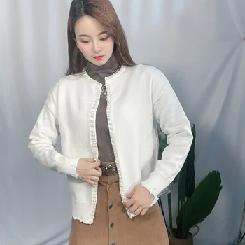 Kórejský Štýl Jar Jeseň Mladých Tenké Oblečenie Bavlnené O Krk White V Krku Sveter Tlačidlo Mikina