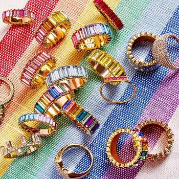 AOTEMAN Značky Medi Rainbow Krúžok Farebné Multi Color CZ Večnosti Bageta Prst Zlatý Prsteň Ženy, Ženy, Šperky, Doplnky