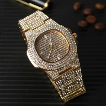 Luxusné Mužov Zlatá Farba Watch & Náhrdelník & Braclete & Krúžok Kombinovaný Set Ľadu Z Kubánskej Hodinky Hip Hop Náhrdelník