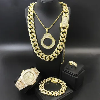Luxusné Mužov Zlatá Farba Watch & Náhrdelník & Braclete & Krúžok Kombinovaný Set Ľadu Z Kubánskej Hodinky Hip Hop Náhrdelník