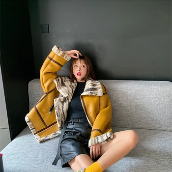 Teplé dámske zimné motocyklové velvet bunda žena krátke klopy kožušiny hrubé kórejská verzia Žltá bunda 2019 prebalu