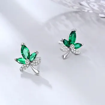 E Šperky 925 Sterling Silver Green Javorový List Stud Náušnice s AAA CZ Zirkón pre Ženy, Dievča Leta Náušnice Jewellry 2019