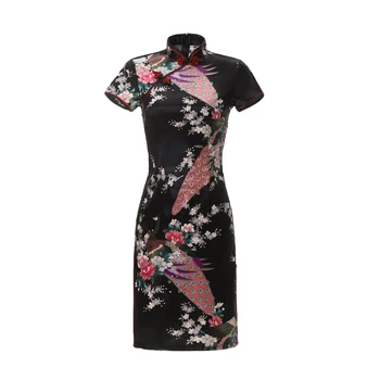 Black Páva&kvet Qipao Pre Ženy Traditioanl Bežné Šaty Nadrozmerná 3XL Sexy Lady Cheongsam Mandarin Golier Čínske Šaty