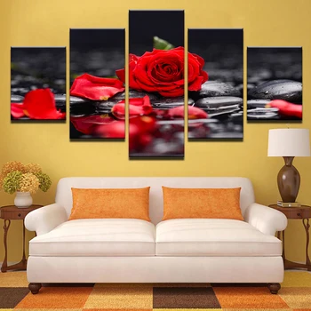 Plátno Obrazy Domova Steny V Obývacej Izbe Umenia 5 Ks Červenej Ruže, Kvety Obrázky Modulárny Vytlačí Kameň Petal Plagát Rámec