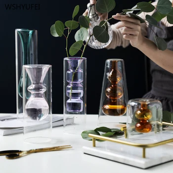 Nordic tvorivé farebné sklenené vázy kvet usporiadanie hydroponické transparentné domácej ploche dekorácie, ozdoby