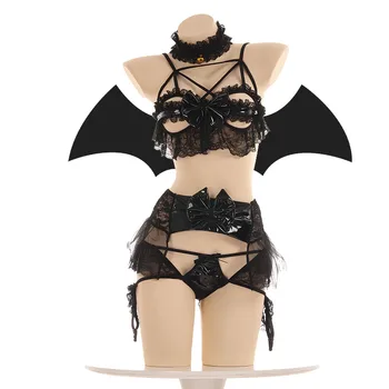 Ženy Bielizeň Sexy Kostým Démon Čipky Bat Pu Kožené Malý Diabol Cosplay Slúžka Oblečenie Podprsenka Nastaviť Lolita Anime Krídla Jednotné