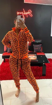 Orange Leopard Tlač Tepláková súprava Ženy Oblečenie Zodpovedajúce Sady Salónik Nosenie Dvoch Kus Set-Top a Nohavice Joggers Bežné Potu Vyhovuje