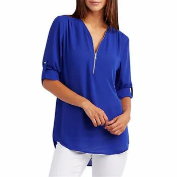 5XL Plus Veľkosť Šifón T Shirt Ženy Sexy Zazipovaný Do tvaru Dlhý Rukáv Topy 2019 Jar Leto Príležitostné Voľné Tričko Femme Top