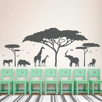 Veľké Africké Safari Zoo Zvierat Stenu, Nálepky, Spálňa, Detská Izba Žirafa, Slon, Tiger Lesa Prírode Stenu Odtlačkový Vinyl Škôlky