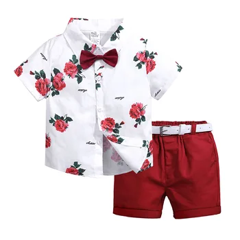 Hooyi Chlapci Ležérne Oblečenie Set Sa Pán Bowtie Kvetinový Vytlačené Tričko Rose Botton Dole Blúzky Červená Bermudy Šortky Pás Lete Nastaviť