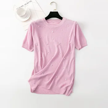 Letné Perly Korálkové Základné T-Shirts Ženy Krátky Rukáv O-Krku Pletený Topy Žena 2020 Lesklé, Pevné Tee Womans Harajuku Kórejského