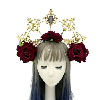 Lolita Slnko Kmotra Koruna pokrývku hlavy KC Gotický Red Rose Panny Márie, Barokový Tiara Vlasy Príslušenstvo