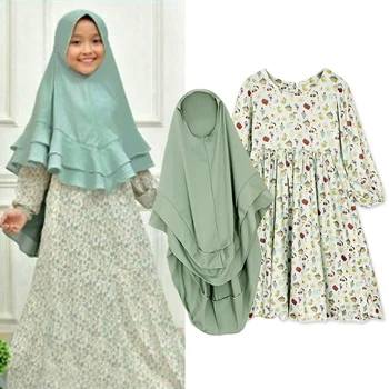 Batoľa Detský Dievčatá Šaty Moslimských Islamský Hidžáb Abaya Kaftan+Bown Arabských Maxi Šaty s Dlhým Rukávom Šaty, Detské Šaty, 2 ks Súpravy 3-7Yrs