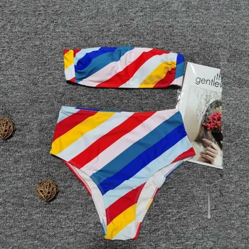 Sexy Prúžok Dvojdielne Plavky Bikiny Hore Plávať Obleky Plavky Ženy Vysoký Pás Bez Rukávov Letné Pláž Nosiť Plavky Plavky