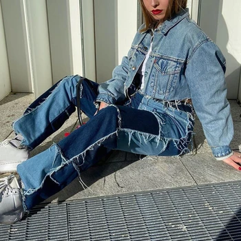 E-dievča 90. rokov Estetické Y2k Oblečenie Nohavice Gotický Polovice Pás Dlhé Nohavice Pathwork Streetwear Dámy Voľné Harajuku dámske Džínsy