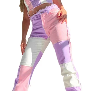 E-dievča 90. rokov Estetické Y2k Oblečenie Nohavice Gotický Polovice Pás Dlhé Nohavice Pathwork Streetwear Dámy Voľné Harajuku dámske Džínsy