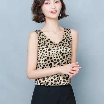 Kórejský Hodváb Ženy Topy Žena Leopard Tank Top Plus Veľkosť Ženy tvaru Satin Topy bez Rukávov Tees Office Lady Tlač Tank Top Camis