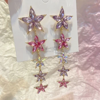 MENGJIQIAO kórejský Nové Coloful Hviezda Flower Crystal Dlho Pendientes Pre Ženy, Dievčatá Elegantné Party Drop Náušnice Šperky