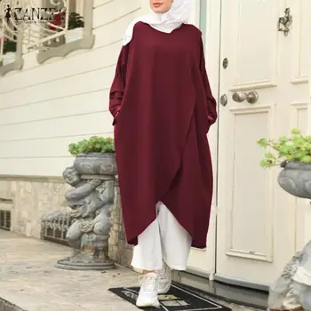Retro Moslimské Oblečenie dámske Asymetrické Sundress ZANZEA 2021 Bežné Dlhý Rukáv Maxi Vestidos Žena O Krk Islamskej Župan 5XL