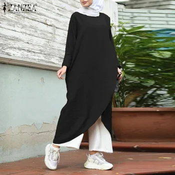 Retro Moslimské Oblečenie dámske Asymetrické Sundress ZANZEA 2021 Bežné Dlhý Rukáv Maxi Vestidos Žena O Krk Islamskej Župan 5XL