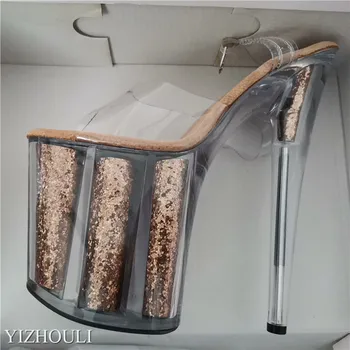 20 cm sexy transparentné platformu sequined dekorácie, 8 palcový stiletto hostiny, nočný klub obuv/pole tanec model sandále