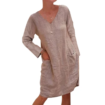Plus veľkosť šaty oblečenie Žien Bežné Dlhý Rukáv V Krku Vrecká Voľné Bavlnená posteľná Bielizeň podkolienok Šaty 2020