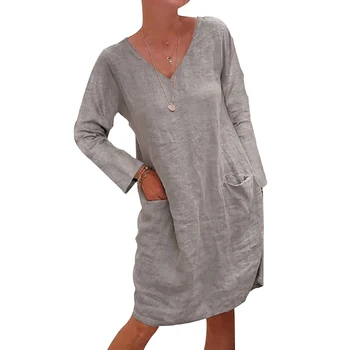 Plus veľkosť šaty oblečenie Žien Bežné Dlhý Rukáv V Krku Vrecká Voľné Bavlnená posteľná Bielizeň podkolienok Šaty 2020