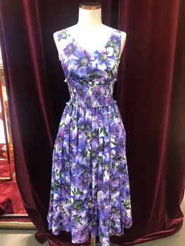 MoaaYina Módny Návrhár Ženské šaty Letné dámske Šaty tvaru Ruže Modrá Kvetinovým Tlače Bavlnené Šaty