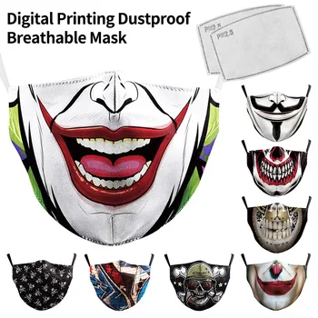 3D Vytlačené Joker Lebky Masku na Tvár Fashion Opakovane pleťové masky s 2ks Uhlíka Aktivovaný Filter Proti Prachu Úst Maska Mascarilla