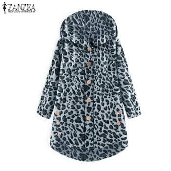 2021 Plus Ženy Veľkosti Bundy Leopard Pulóver ZANZEA Jeseň Načechraný Coats Tlačidlo s Dlhým Rukávom s Kapucňou vrchné oblečenie Asymetrické Topy