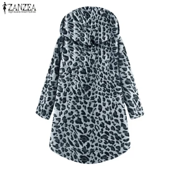 2021 Plus Ženy Veľkosti Bundy Leopard Pulóver ZANZEA Jeseň Načechraný Coats Tlačidlo s Dlhým Rukávom s Kapucňou vrchné oblečenie Asymetrické Topy
