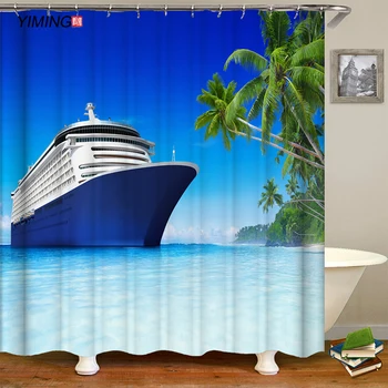 Kúpeľňa opony 3D prímorské scenérie modré more tlač polyester waterproof sprchový záves domáce dekorácie záves s hákom