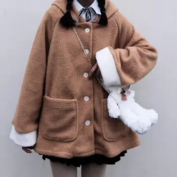 Novej kórejskej verzii mäkké dievča študent voľne žijúcich roztomilý medveď uši kapucňou imitácia baránok hoodie žena lolita oblečenie cosplay