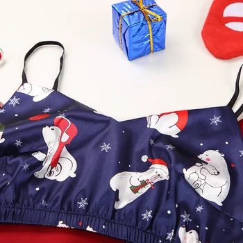 HECHAN Sexy Vianočné Pyžamo Ženy Roztomilý Medveď Vzor Satin Špagety Popruh Šortky Žena bez Rukávov Sleepwear Dovolenku Nastaviť Tlač