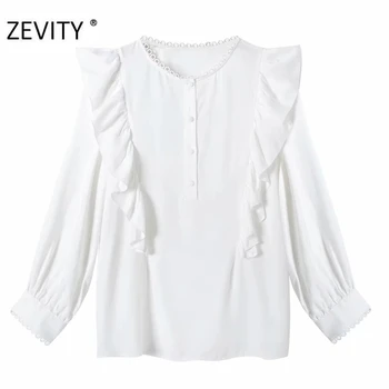 ZEVITY ženy, módne o krk long sleeve pleat volánikmi biela blúzka tričko ženy čipky šitie elegantné blusas jeseň topy LS7191