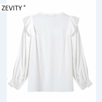 ZEVITY ženy, módne o krk long sleeve pleat volánikmi biela blúzka tričko ženy čipky šitie elegantné blusas jeseň topy LS7191