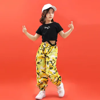 Móda Hip Hop Oblečenie Set pre Dospievajúce Dievčatá Detí, Športové Odevy Streetwear Vesta Žltá kamufláž Nohavice Tanečné Oblečenie