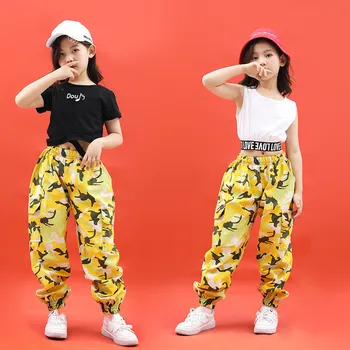 Móda Hip Hop Oblečenie Set pre Dospievajúce Dievčatá Detí, Športové Odevy Streetwear Vesta Žltá kamufláž Nohavice Tanečné Oblečenie