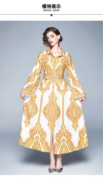 Móda dráhy dizajnér maxi šaty žien kvetinový ročník tlače sexy štrbinou dlhý rukáv elegantné jeseň dlho party šaty s Pásom
