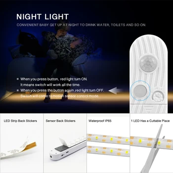 LED Kabinetu Svetelný Senzor Pohybu 1M 2M 3M Pod Posteľ, Schodisko, Šatník Pásky Nepremokavé 5V USB LED Pásy Skrine, Kuchyne, Nočné Lampy