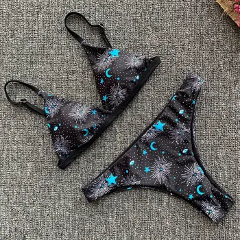 Ženy Kus Dvoch Bikini Set Sexy Vytlačené Star&Moon Plavky, Plavky, Plážové Oblečenie Plavky S Uväzovaním Za Čalúnená Vysokej Nohe Brazílske Tangá Plavky