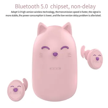 Ružová Cute Cat TWS Bluetooth Bezdrôtové Slúchadlá S Mikrofónom Stereo Slúchadlá binaural režim Slúchadlá s LED Charge box Dievča, Darček