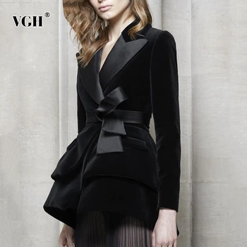 VGH Black Velvet Základný Náter Čipky Tunika Pre Ženy, Vysoký Pás Bowknot Voľné Topy Veľké Veľkosti Pásu Elegantné Ženy 2020 Coats Tide