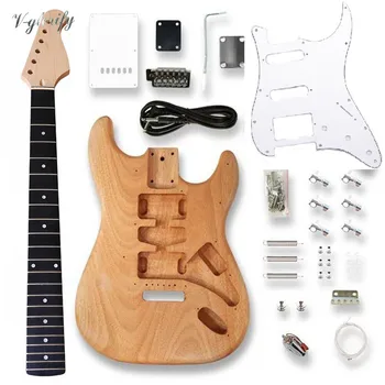 ST elctric gitara súprava so všetkým príslušenstvom okoume dreva telo, javorový krk, čierny pickguard nedokončený projekt DIY gitarové časti