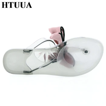 HTUUA 2019 Nové Módne Crystal Luk Papuče Ženy Jelly Sandále Ploché Listy Bežné Pláži Flip Flops Lete Jelly Topánky SX2180