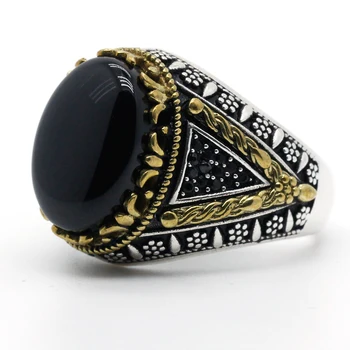 Čierny Prírodný Kameň Achát Reálne 925 Sterling Silver Mužov Krúžok Signet Ring Pre Mužov Ručne turecký Šperky Shofar Super Cool