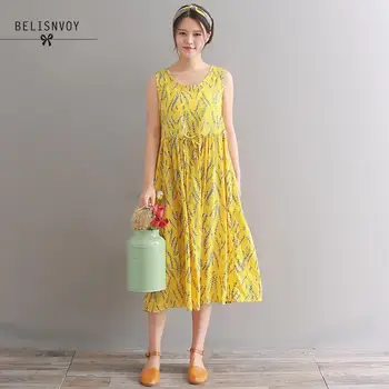 Mori Dievča Leta Ženy Nádrž Šaty O-krku Kvetinový Vytlačené Žltá Plážové Šaty Žena Vestidos De Festa Príležitostné Voľné Šaty