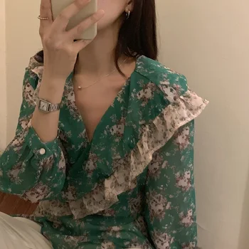 Cudzie Kitty Šifón Blúzky Ženy 2020 Lete kórejský Štýl Vintage Zelený Kvetinový Rozstrapatené Čipky Pás V-neck Topy Tričko Femme